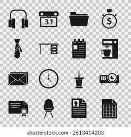 Set File document, Movie, film, media projector, Coffee machine, Document folder, Office desk, Tie, Headphones and Spiral notebook icon. Vector