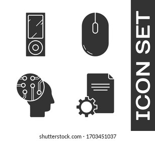 Set File document, Music player, Human brain as digital circuit board and Computer mouse icon. Vector