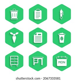 Set File document, Office desk, Calendar, Coffee cup to go, Archive papers drawer, Tie, Fountain pen nib and Trash can icon. Vector