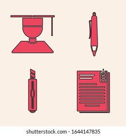 Defina el documento de archivo y el clip de papel, el título de graduación y el tapón de graduación, el icono de la pluma y el cuchillo de diseño. Vector