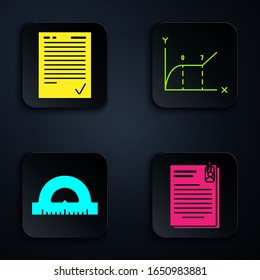 Set File document and paper clip, Exam sheet with check mark, Protractor grid for measuring degrees and Pie chart infographic. Black square button. Vector