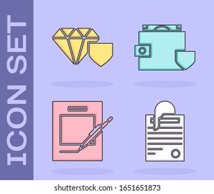 Establecer documento de archivo y clip de papel, Diamante con escudo, Portátil y bolígrafo en blanco y Cartera y dinero con icono de escudo. Vector