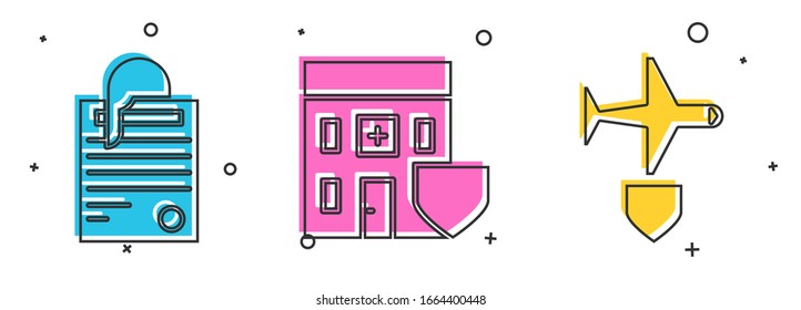 Set File document and paper clip, Medical hospital building with shield and Plane with shield icon. Vector