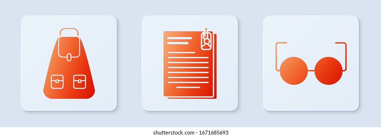 Set File document and paper clip, School backpack and Glasses. White square button. Vector