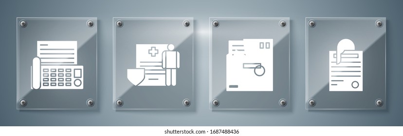 Set File Document And Paper Clip, Ordered Envelope, Medical Clipboard With Clinical Record And Fax Machine. Square Glass Panels. Vector