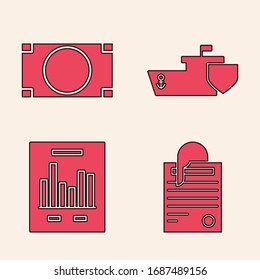 Establecer documento de archivo y clip de papel, apilar dinero de papel en efectivo, Enviar con escudo y Documento con el icono de gráfico de gráficos. Vector