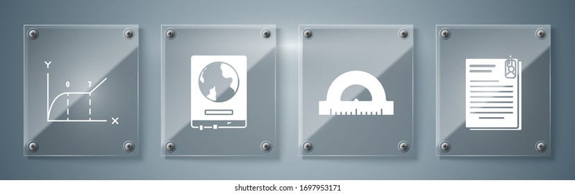 Set File document and paper clip, Protractor grid for measuring degrees, World map on a school blackboard and Pie chart infographic. Square glass panels. Vector