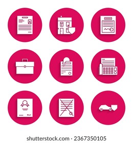 Set File document and paper clip, Delete file, Car with shield, Fax machine, Certificate template, Briefcase, Filled form and Personal icon. Vector