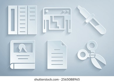 Set File document, Pipette, Photo album gallery, Scissors, Plotter and Brochure icon. Vector