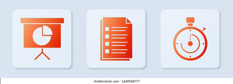Set File document, Presentation financial board with graph, schedule, chart, diagram, infographic, pie graph and Briefcase. White square button. Vector