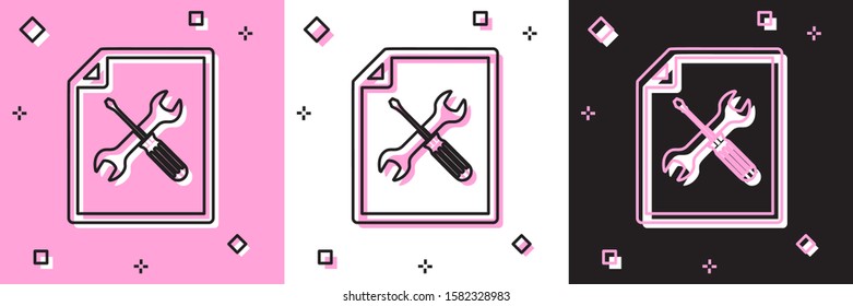 Set File document with screwdriver and wrench icon isolated on pink and white, black background. Adjusting, service, setting, maintenance, repair, fixing.  Vector Illustration