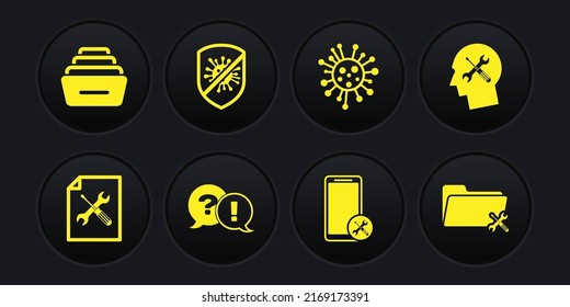 Set File Document Service, Human Head, Question And Exclamation, Mobile, Bacteria, Stop Virus, Bacteria, Folder And Drawer With Documents Icon. Vector