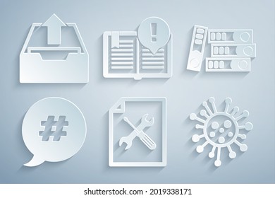 Set File document service, Office folders, Hashtag speech bubble, Bacteria, Interesting facts and Upload inbox icon. Vector