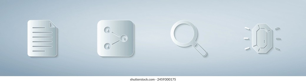 Set File document, Share, Magnifying glass and Diamond. Paper art style. Vector