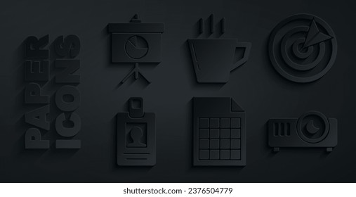 Set File document, Target sport, Identification badge, Movie, film, media projector, Coffee cup and Chalkboard with diagram icon. Vector