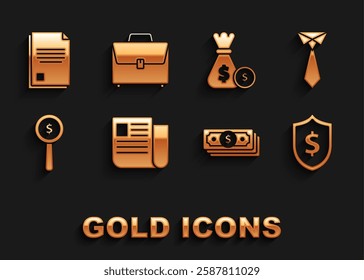 Set File document, Tie, Shield with dollar symbol, Stacks paper money cash, Magnifying glass and, Money bag coin,  and Briefcase icon. Vector