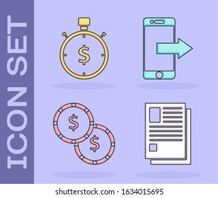 Set File document, Time is money, Coin money with dollar symbol and Smartphone, mobile phone icon. Vector