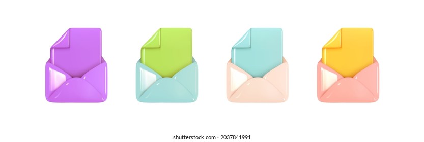 Set of File, envelopes, realistic 3d icon. Open Email with document. Post mail letter. Multicolored  logo design isolated. Vector illustration