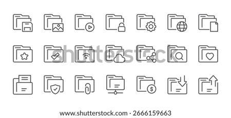 Set of File and Folder Line Icons. Editable Stroke. Pixel Perfect.