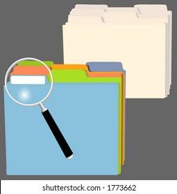 A set of file folders in assorted colors, and another in manilla. Also a magnifying glass to indicate: search, research; and so on.