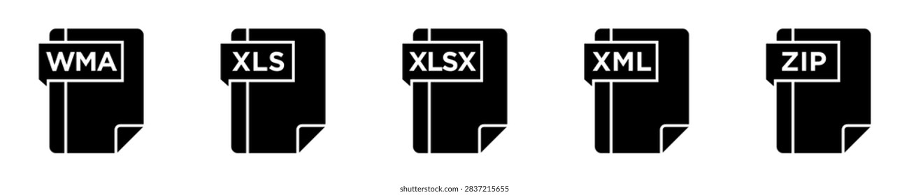 Set of file format glyph icons for WMA, XLS, XLSX, XML and ZIP document types