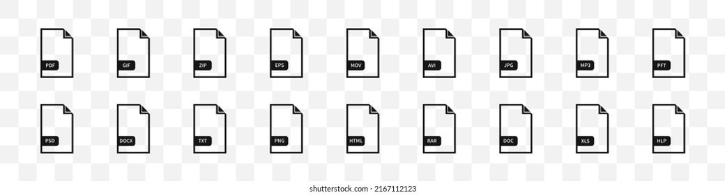 Set of file format icons. Document files icon collection. Vector isolated illustration.