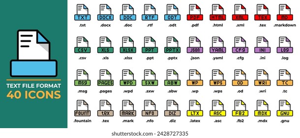 Set File format icons in flat style. txt, ppt, pdf, doc, csv, File format icon. vector illustration