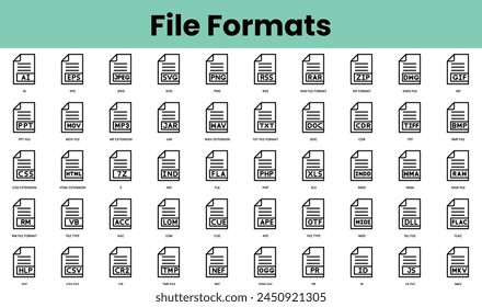 Set of file formats icons. Linear style icon bundle. Vector Illustration