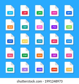 Set of file formats icons. File type icons. Format of documents and files extension for ui. Vector illustration.