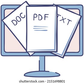 Set of file formats and labels on laptop screen. Computer interface element, document icons. Program for working with text and data. DOC, PDF and TXT signs, electronic document format on monitor