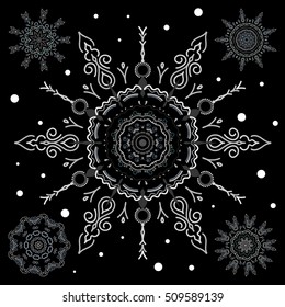 Set of file gray snowflakes and dots on a black background. Starry Sky. Vector falling snow set.