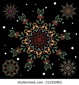 Set of file green and red snowflakes and dots on a black background. Starry Sky. Vector falling snow set.