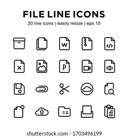 set of file icons, contains new file icons, cut, upload, print, write and others with a white background.