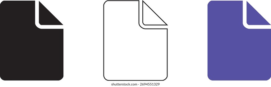 Set of file icons with a folded corner. Includes silhouette, outline, and color styles. Simple document symbol for web and app design.