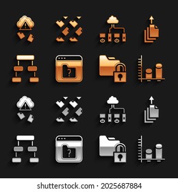 Set File missing, Data export, analysis, Folder and lock, Hierarchy organogram chart, Computer network, Cloud hacking and stream icon. Vector