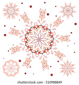 Set of file red snowflakes and dots on a white background. Starry Sky. Vector falling snow set.