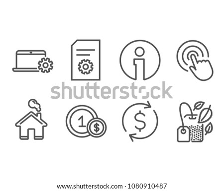 Set of File settings, Notebook service and Usd coins icons. Click, Dollar exchange and Mint bag signs. File management, Computer repair, Cash payment. Cursor pointer, Banking rates, Mentha tea