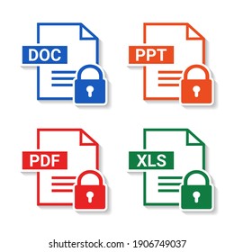 Set of of file type. Format and extension of documents. PDF, DOC, PPT and XLS. Document locked. Privacy. Illustration vector