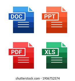 Set des Dateityps. Format und Erweiterung der Dokumente. PDF, DOC, PPT und XLS. Illustrationsvektor