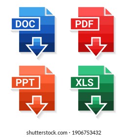 Set of file type. Format and extension of documents. PDF, DOC, PPT and XLS. File download. Illustration vector