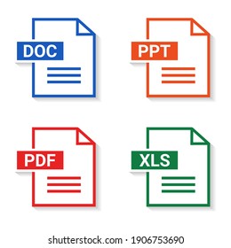 Conjunto de tipos de archivo. Formato y extensión de los documentos. PDF, DOC, PPT y XLS. Vector de ilustración