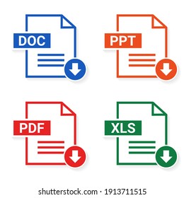 Conjunto de tipos de archivo. Formato y extensión de los documentos. PDF, DOC, PPT y XLS. Descarga de archivos. Vector de ilustración