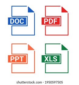 Set of file type. Format and extension of documents. PDF, DOC, PPT and XLS. Illustration vector