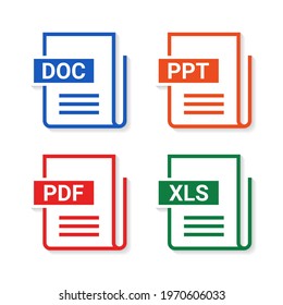 Set of file type. Format and extension of documents. DOC, PPT, PDF and XLS. Illustration vector