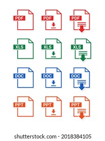 Dateityp festlegen. Format und Erweiterung der Dokumente. PDF, DOC, PPT und XLS. Dateidownload. Illustrationsvektor