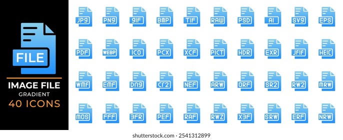 Set file type in gradient fill style. jpg, gif, tif, bmp, psd, files extension icon. vector illustration.