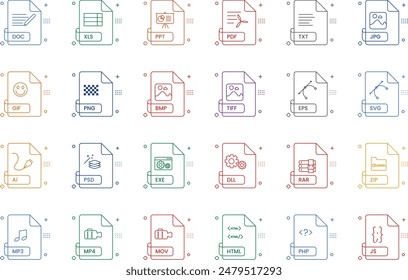 Set of file type icon in outline detailed style