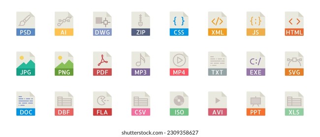 Set of file type icon set pack, all file type extension icon including programming file types