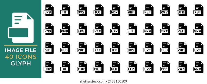 Establecer tipo de archivo Iconos de imagen, Formato de estilo de glifo de la colección de iconos de extensión de datos. Ilustraciones vectoriales