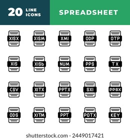Icono de hoja de cálculo Establecer tipo de archivo. Formato de archivo de colección de documento con diseño de relleno negro